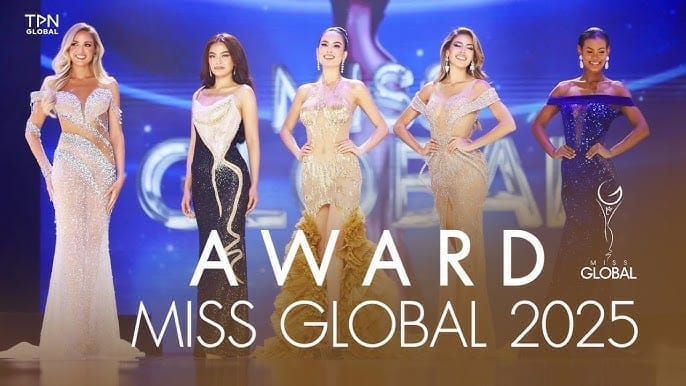 Semifinalists of Miss Global 2025 standing together in traditional wear at MCC Hall, Thailand