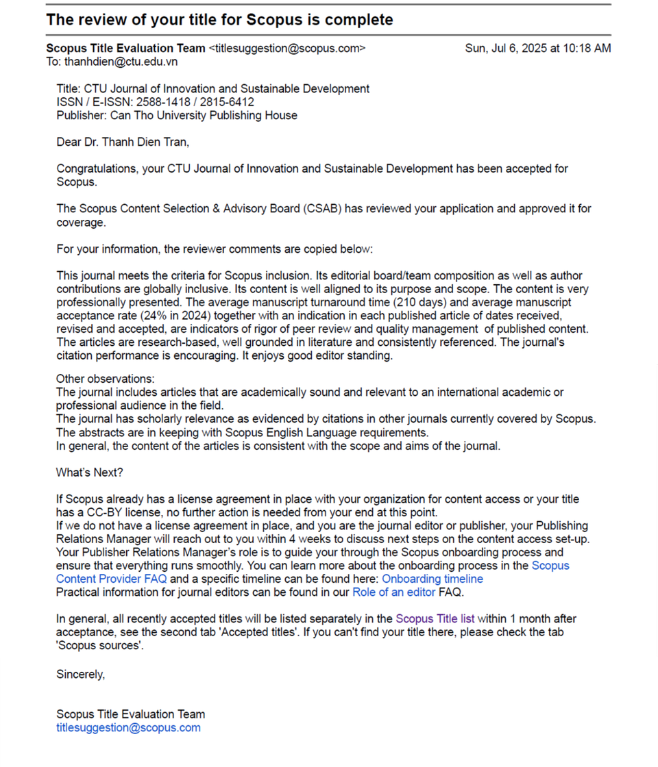 Tạp chí CTU Journal of Innovation and Sustainable Development được chấp nhận vào cơ sở dữ liệu Scopus